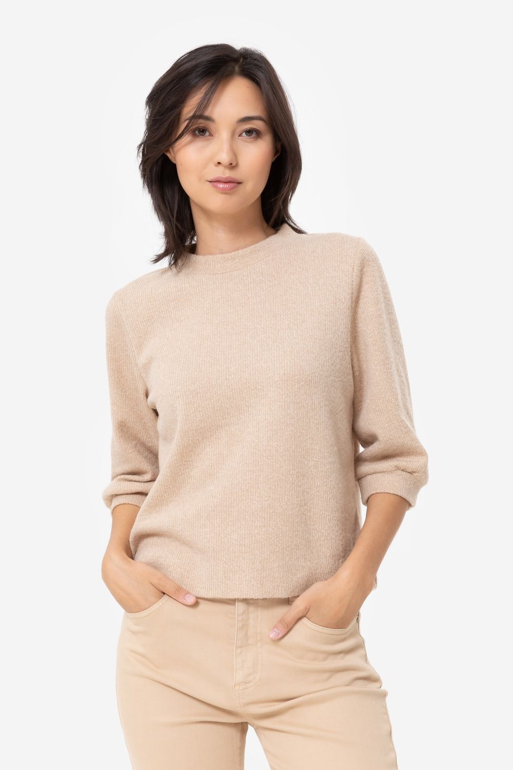 Haut en jersey beige foncé, à manches 3/4