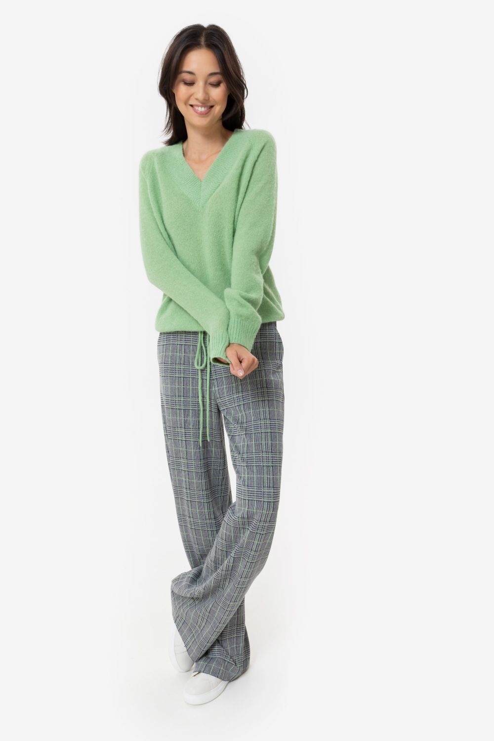 Pantalon à carreaux bleu-vert et gris, coupe ample