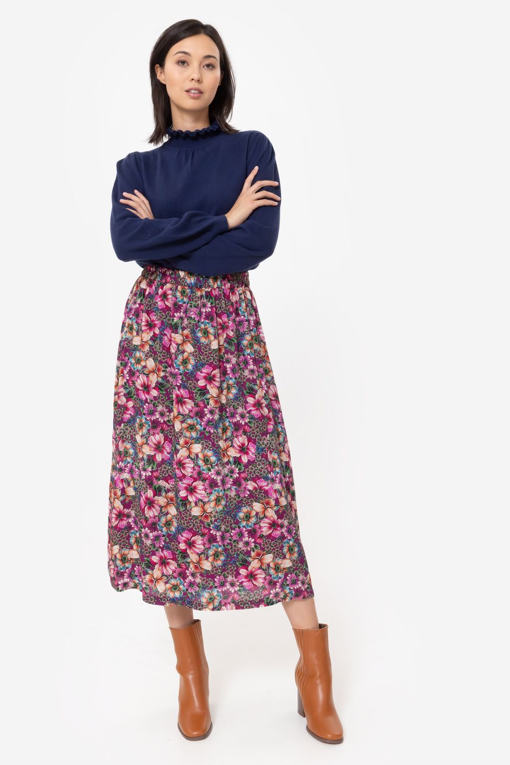 Lange evasé rok met fuchsia bloemenprint