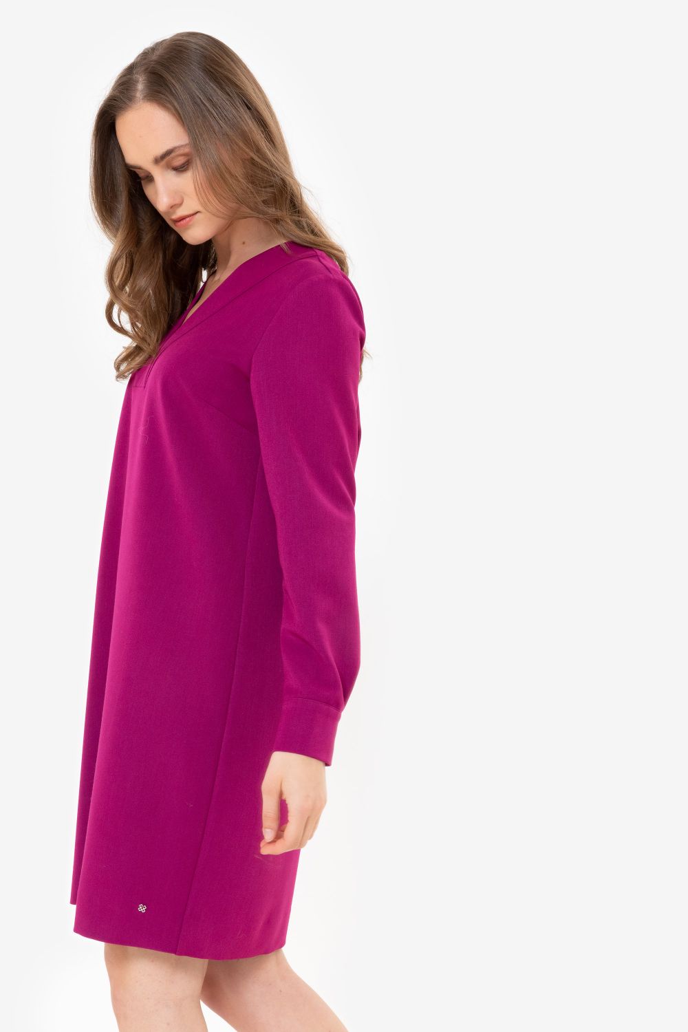 Robe midi fuchsia, à col V et manches longues