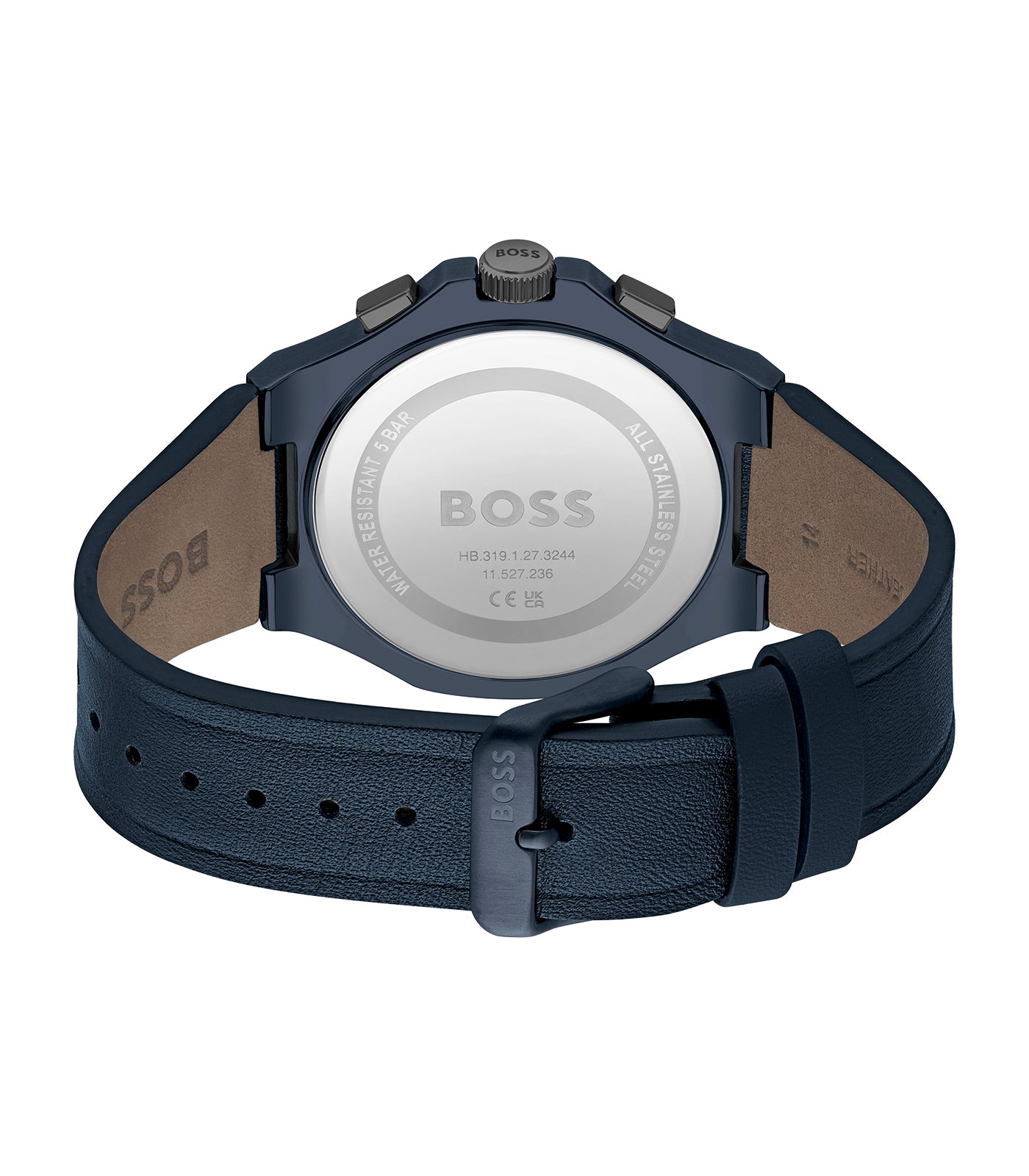 Boss - Taper - Man - Chrono Armband Blauw Leer - Stalen Kast - Zwarte Wijzerplaat