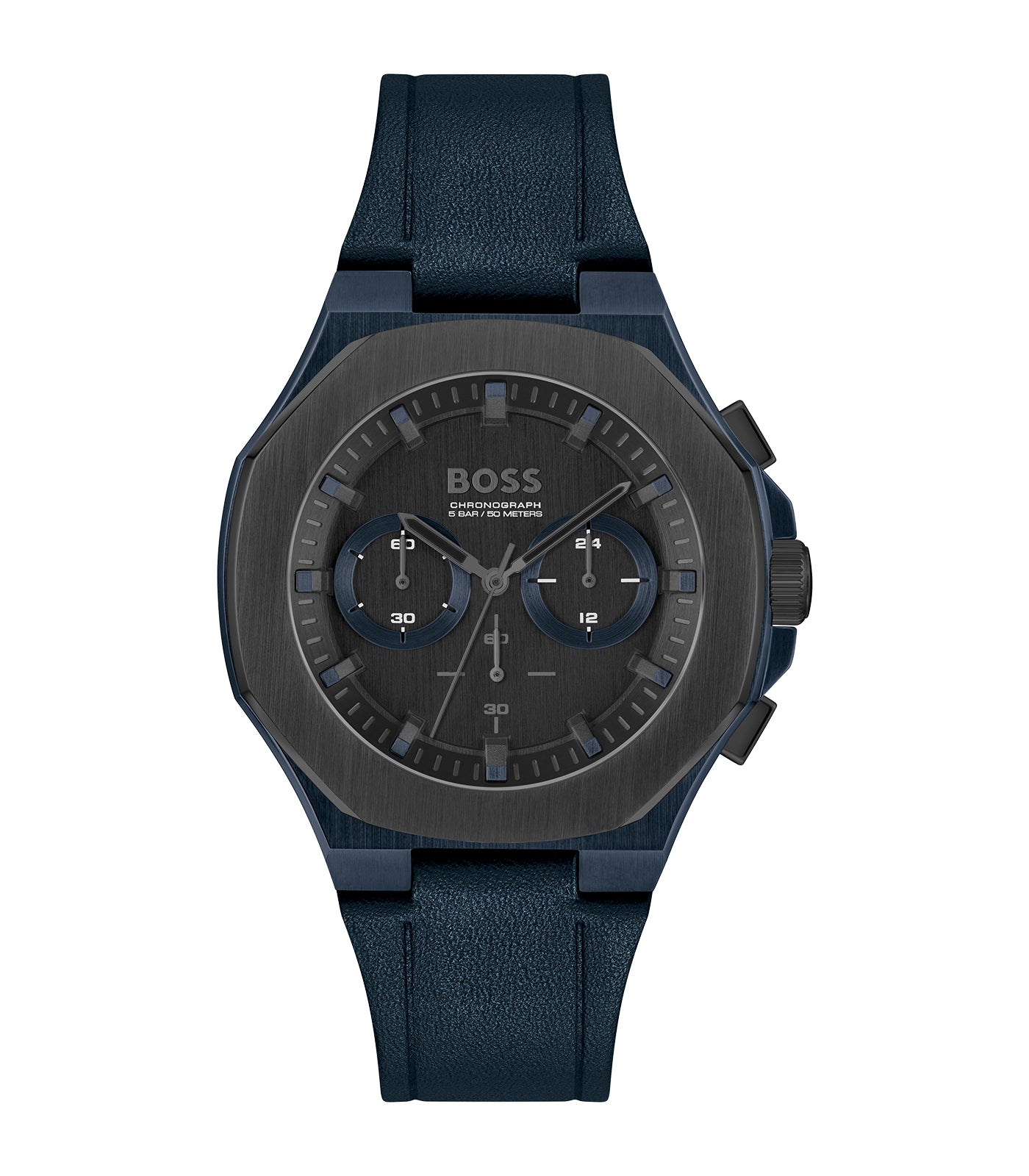 Boss - Taper - Man - Chrono Armband Blauw Leer - Stalen Kast - Zwarte Wijzerplaat