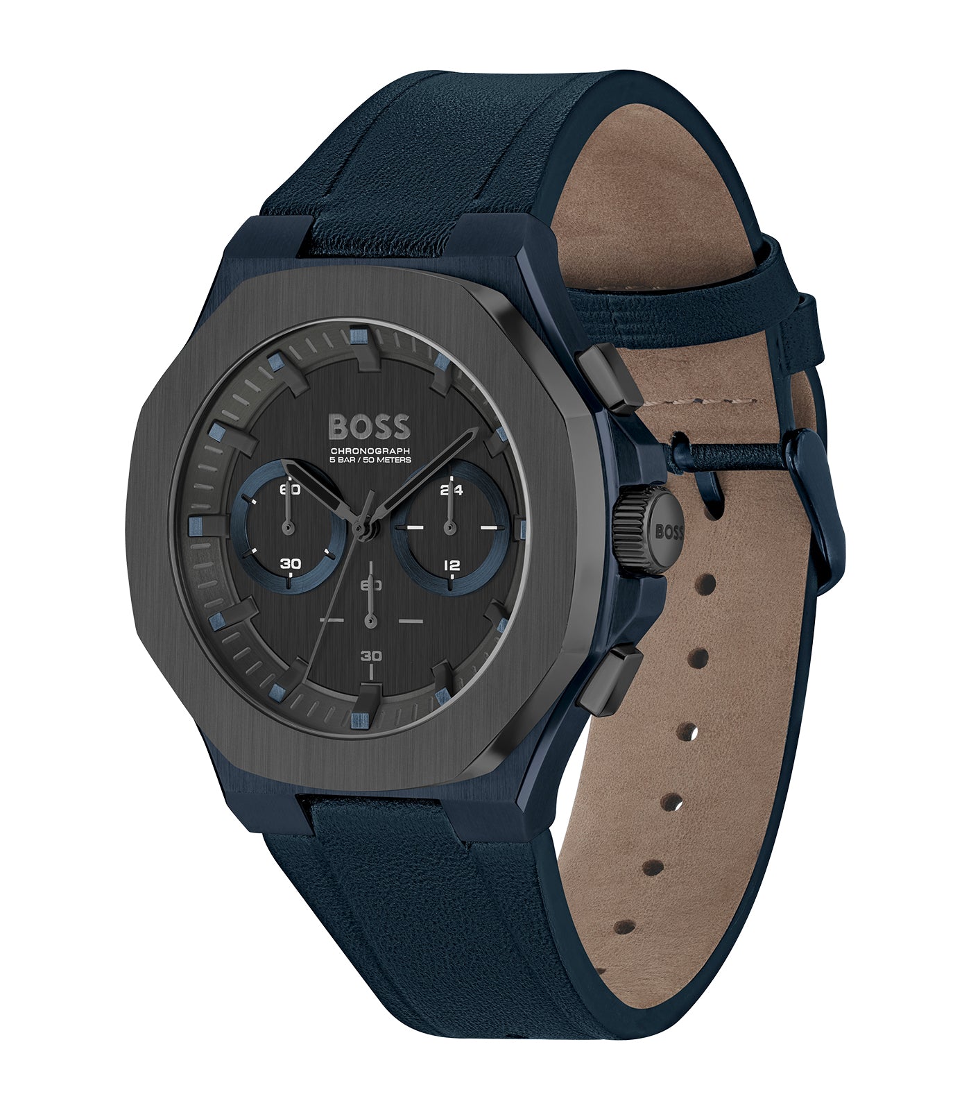 Boss - Taper - Man - Chrono Armband Blauw Leer - Stalen Kast - Zwarte Wijzerplaat