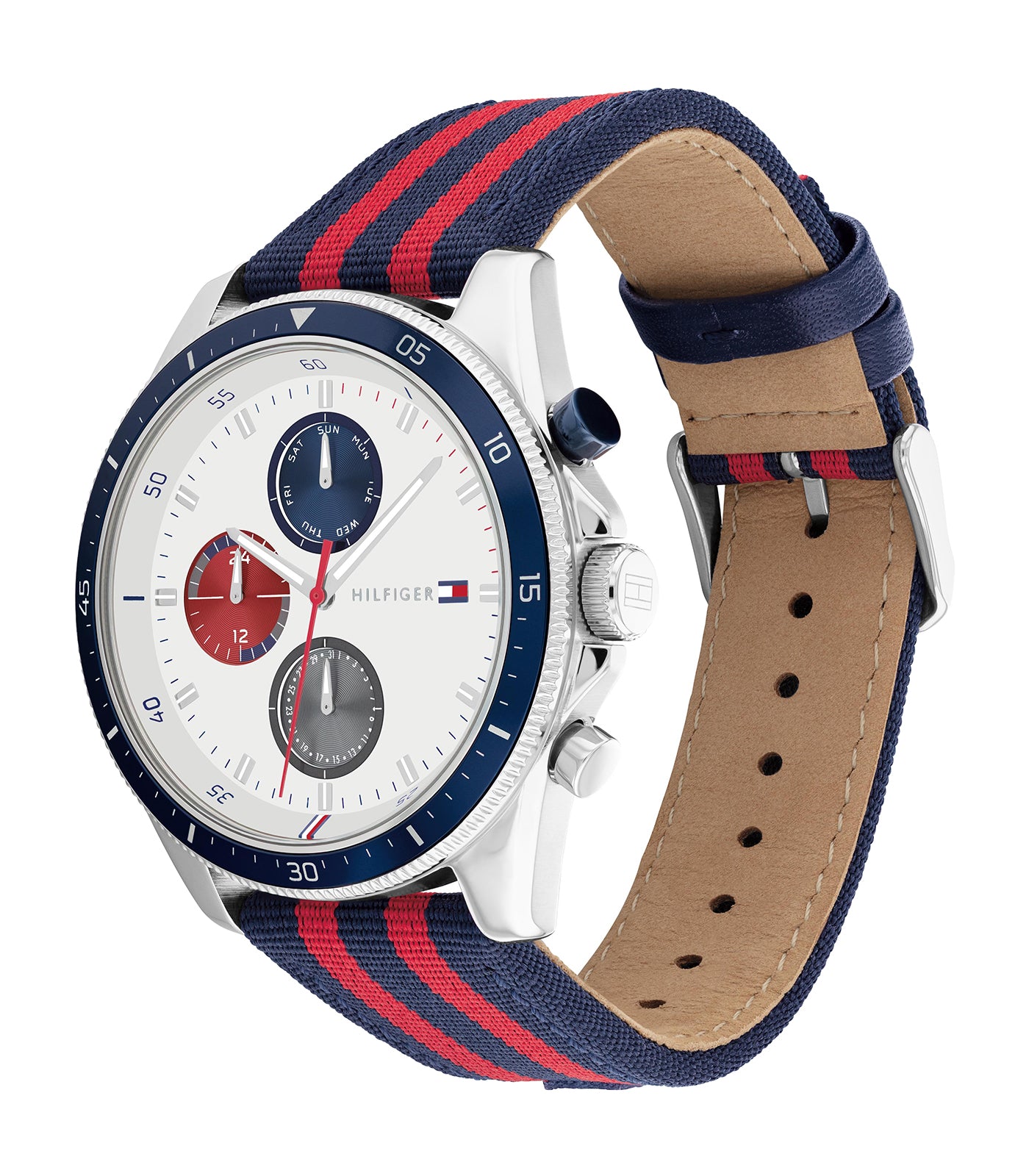 Tommy Hilfiger - Casual - Man - Blauw/Rode Band -  Witte Wijzerplaat - Zilveren Kast