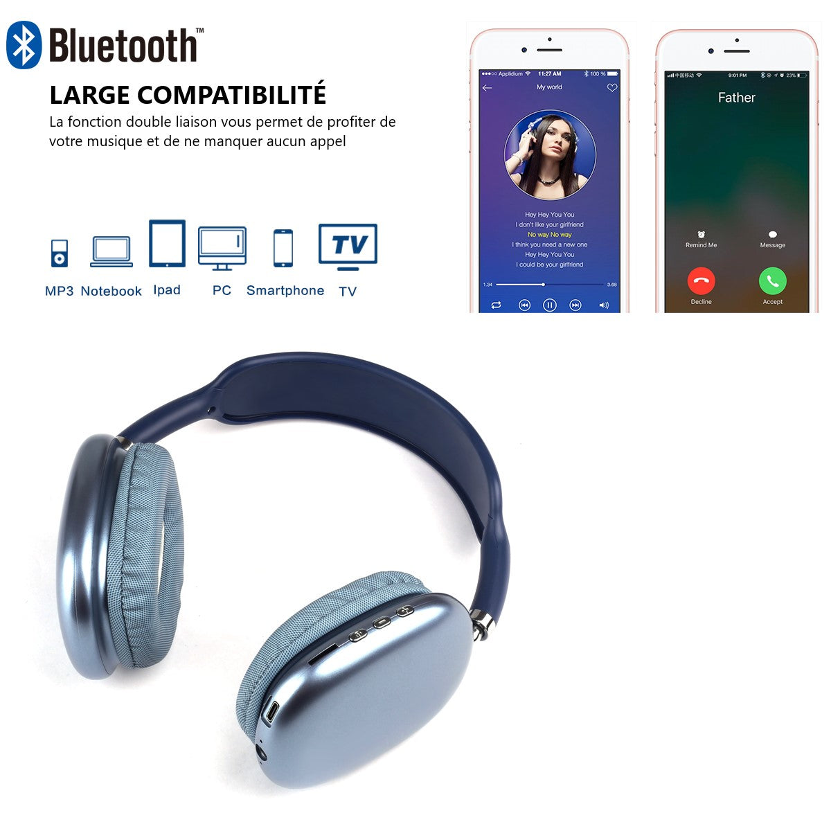 Casque Sans Fil Bluetooth - Bleu Glacial