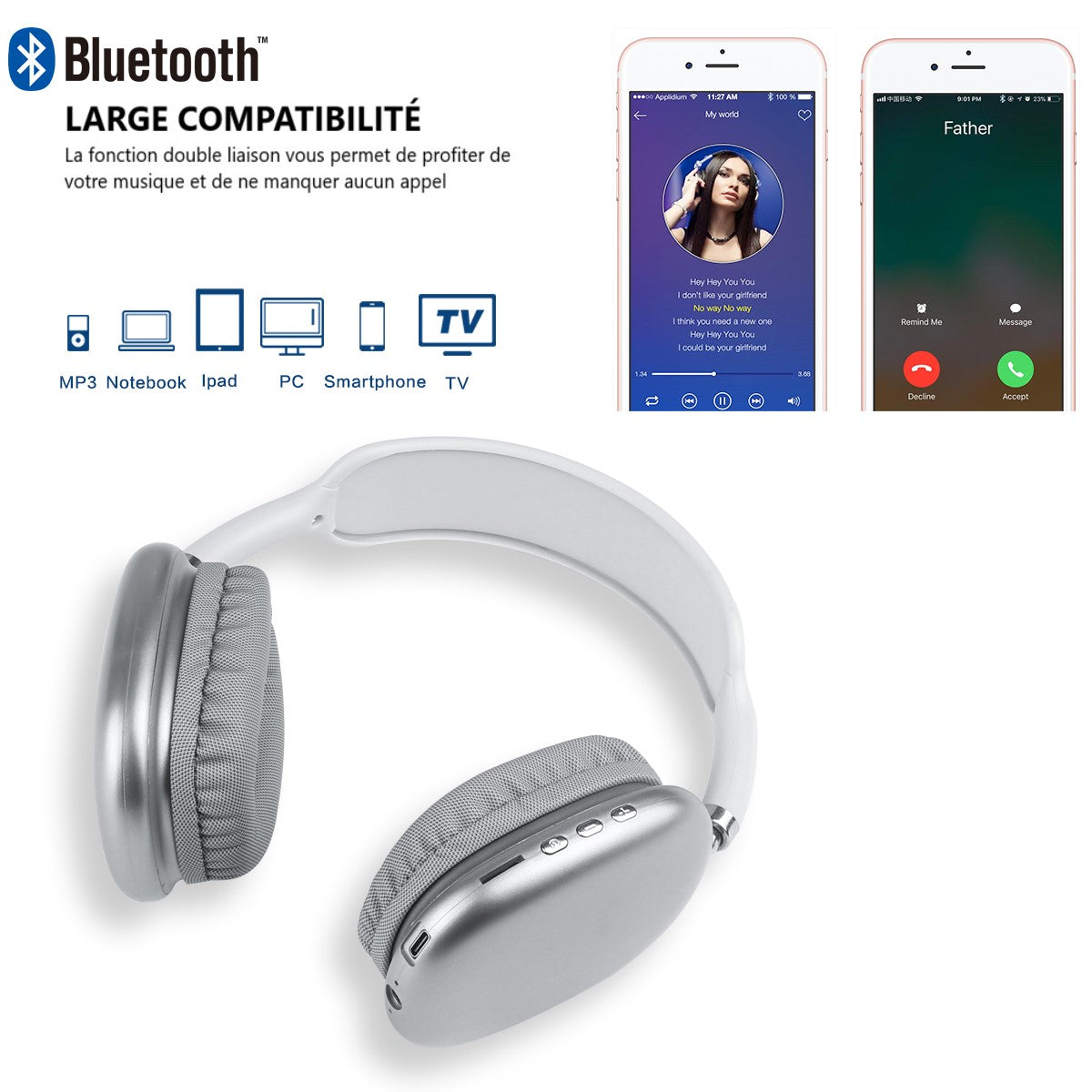 Casque Sans Fil Bluetooth - Argent