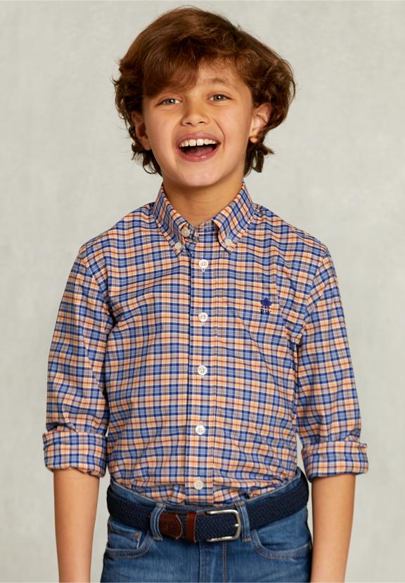 Custom Fit Checked Shirt Blue/Orange - Geel
