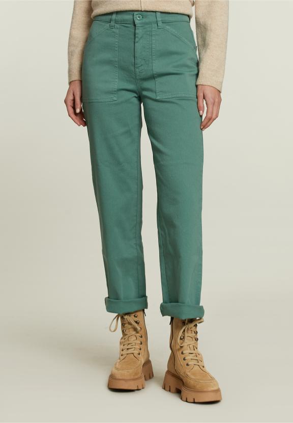 Pantalon Vert en Coton avec Poches Plaquées