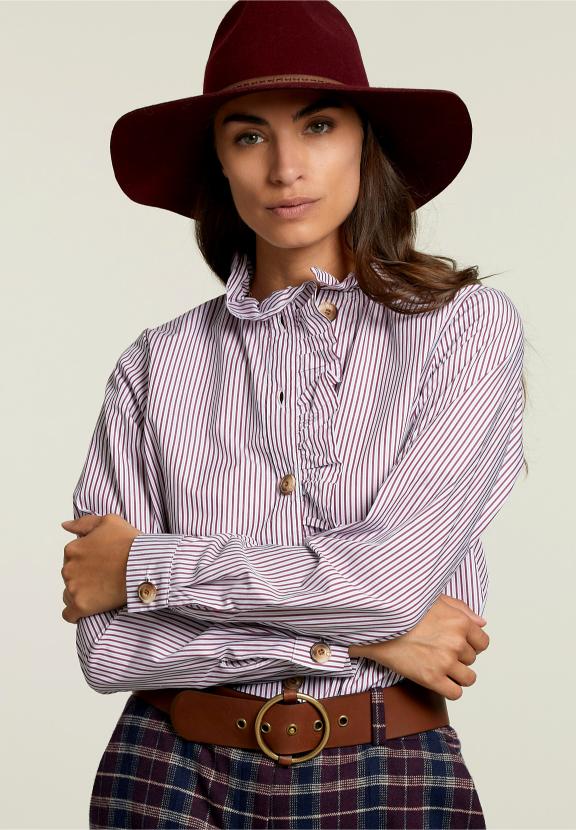 Blouse Rayée à Col à Volants Rouge/Blanc