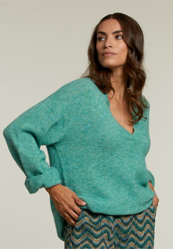 Pull Vert Décontracté à Col en V