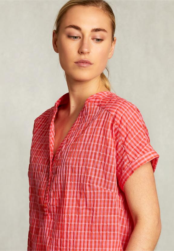 Pink/Red Checked V-Neck Blouse - Rose
