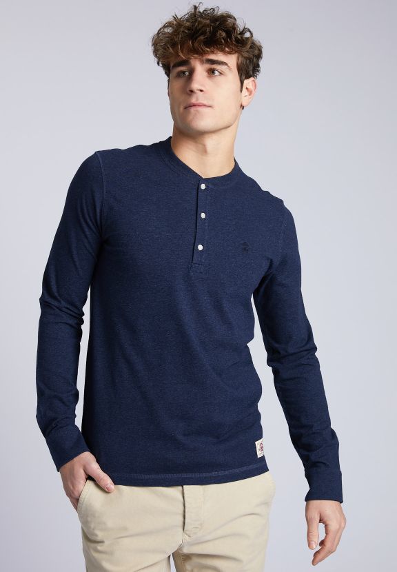 Man Denim Blauwe Henley T-shirt