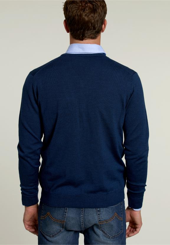 Op Maat Gemaakte Merino V-Hals Trui Donker Denim Mix - Blauw