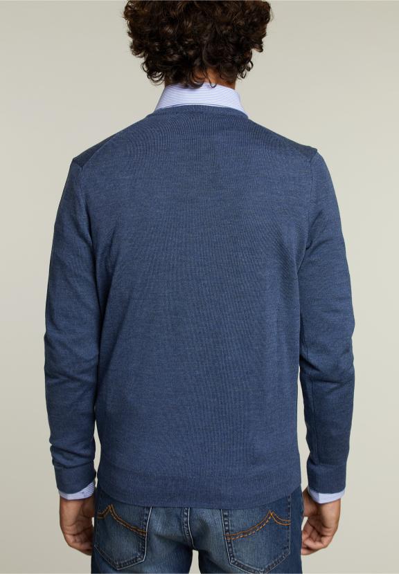 Op Maat Gemaakte Merino V-Hals Trui Denim Mix - Blauw