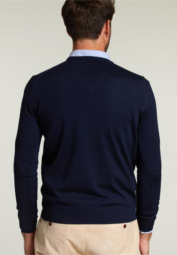 Op Maat Gemaakte Merino V-Hals Trui Marineblauw - Blauw