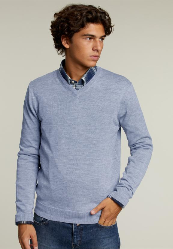 Pull en V sur mesure en mérinos Sky Mix - Bleu