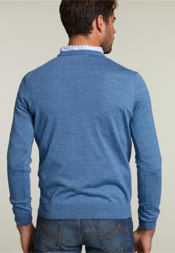 Pull Col Rond Sur Mesure en Laine Mérinos Wall Street Mix - Bleu