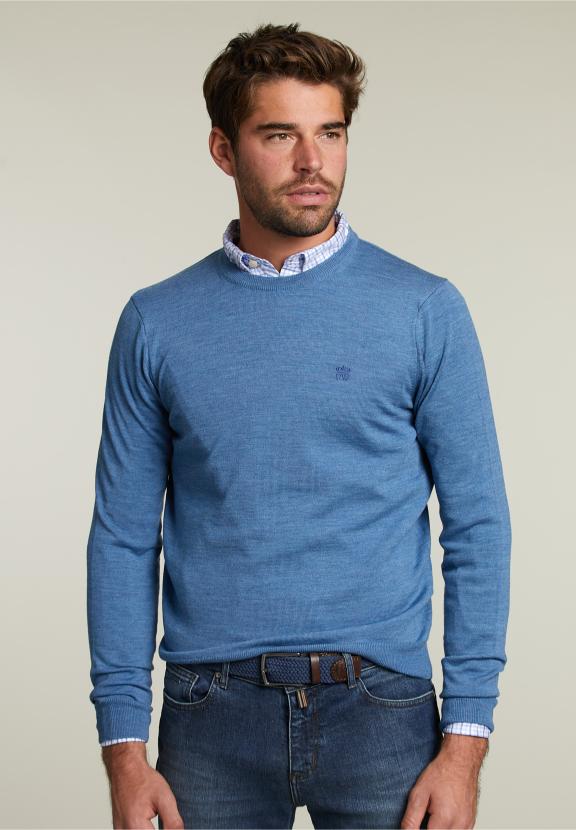 Pull Col Rond Sur Mesure en Laine Mérinos Wall Street Mix - Bleu