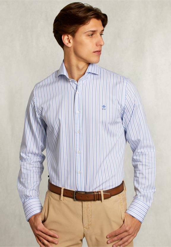 Custom Fit Striped Shirt Blue/White - Blauw