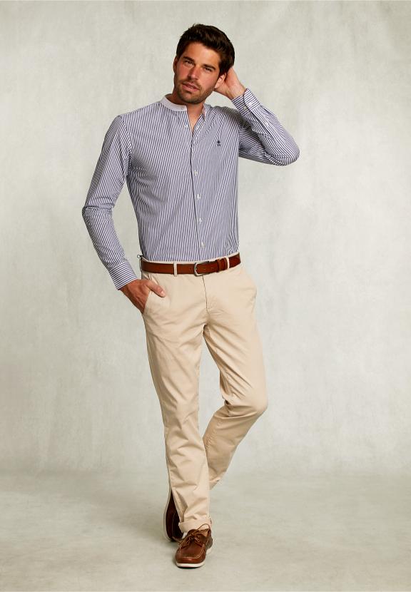 Slim Fit Striped Shirt Henley Collar Blue/White - Groen