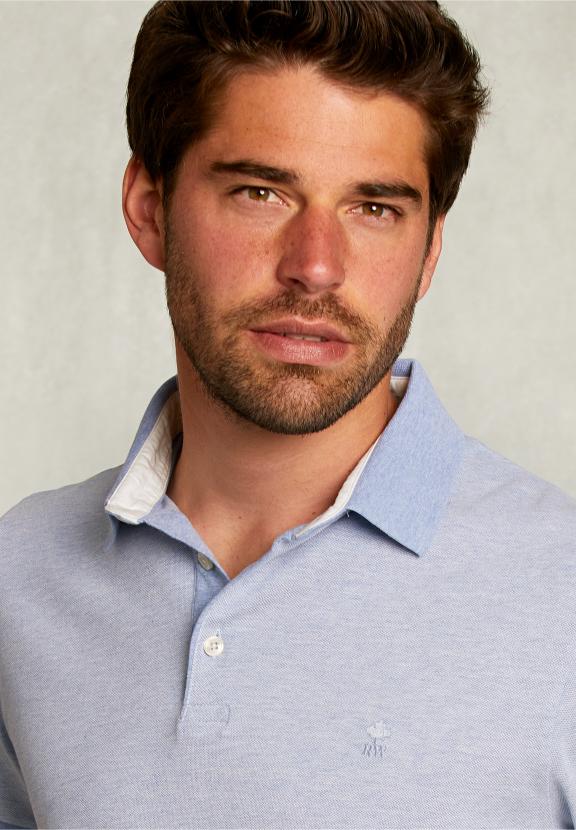Custom Fit Cotton Polo Dark Chambray Mix - Blauw