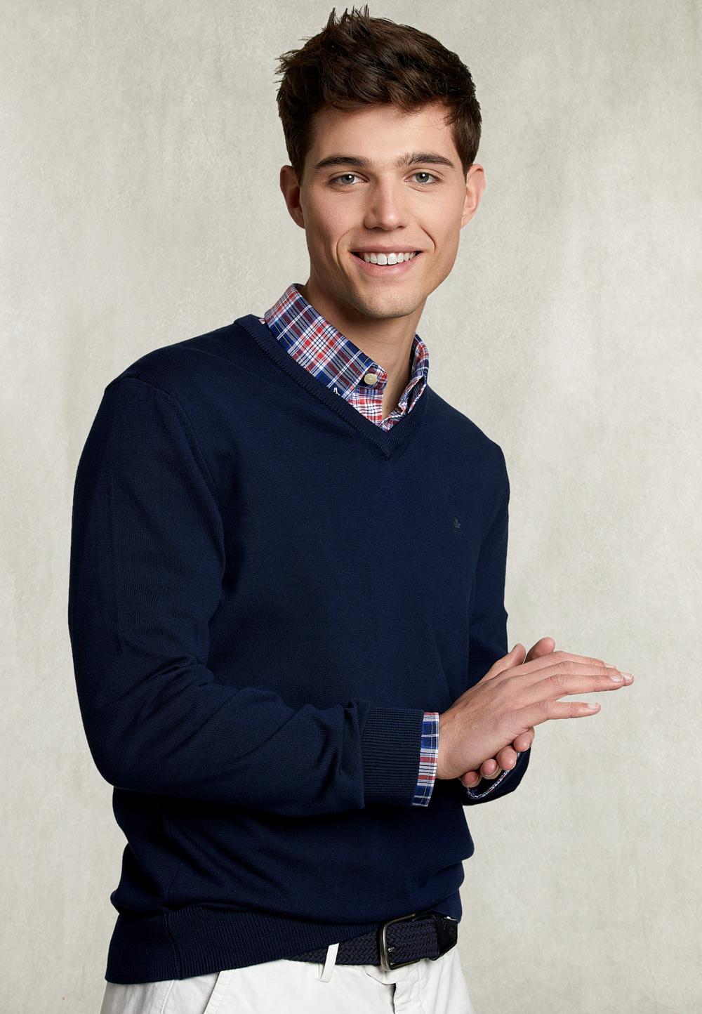 Basic V-Neck Pullover Navy - Bleu